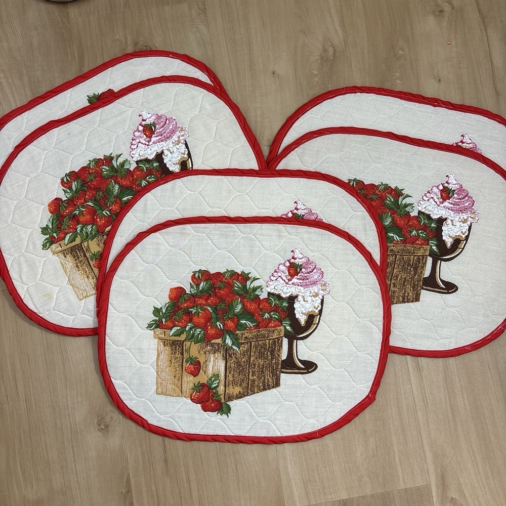 Vintage Set Of 6 Quilted Placemats Strawberry Basket Milkshake‎ Summer